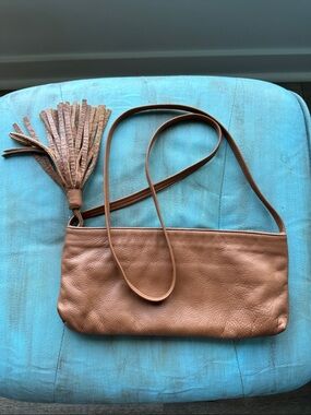 Eileen Fisher Cognac Pebbled Leather Tassel Crossbody